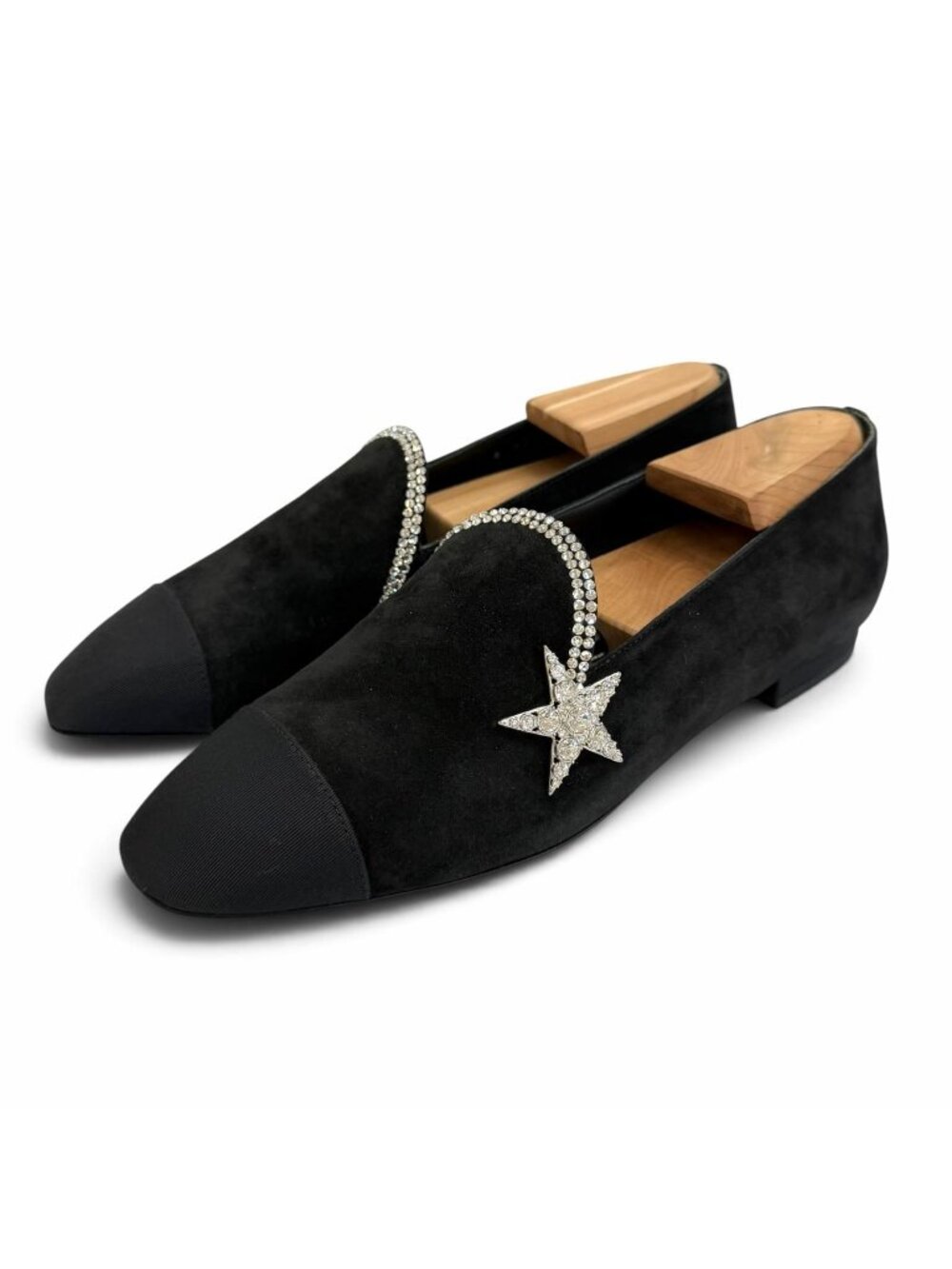 Chanel Star Bijou Rhinestone Suede Leather Flat Shoes Pumps Black